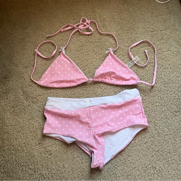 Other - Pink Polka Dot Bikini Set With Swim Shorts